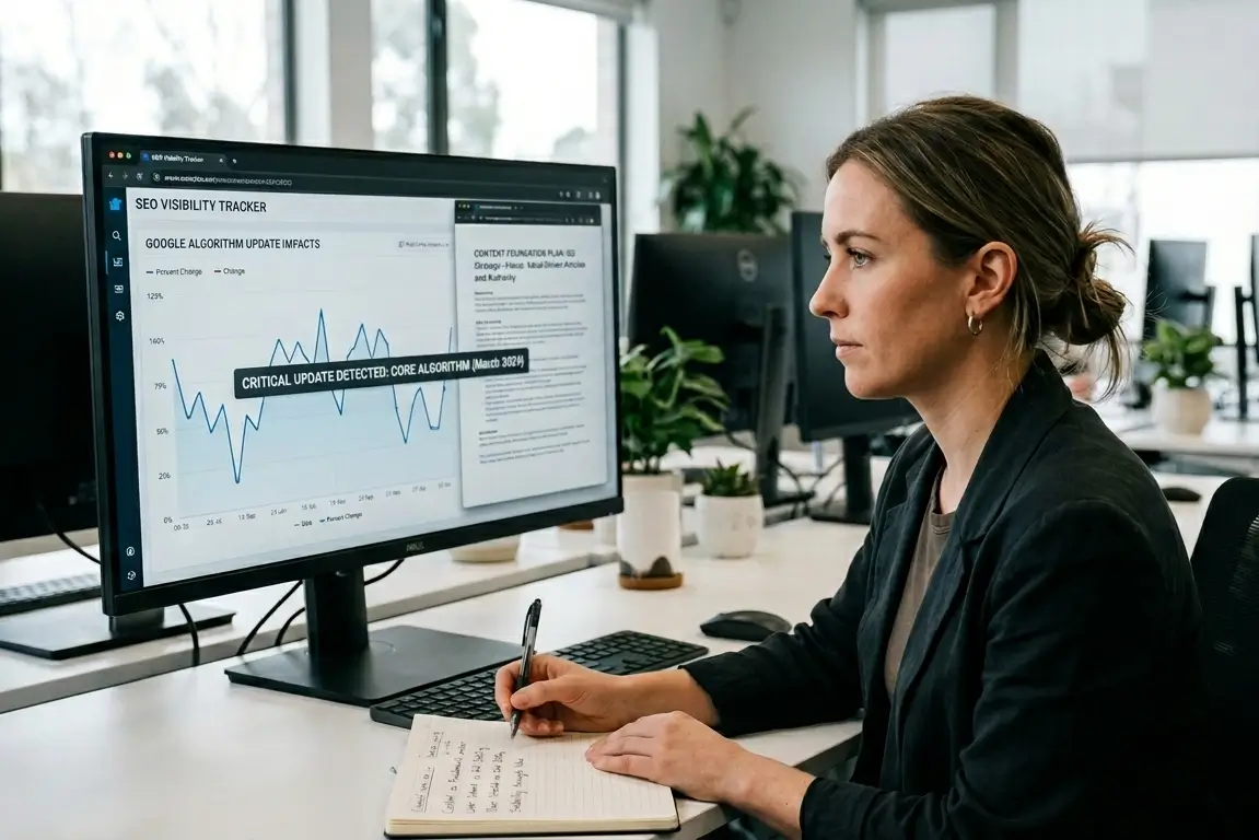 landscape image of woman seo working