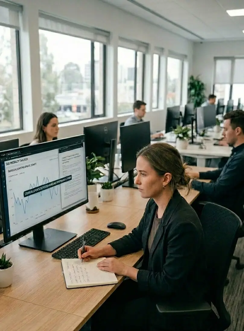 SEO strategist reviewing performance fundamentals at a desk