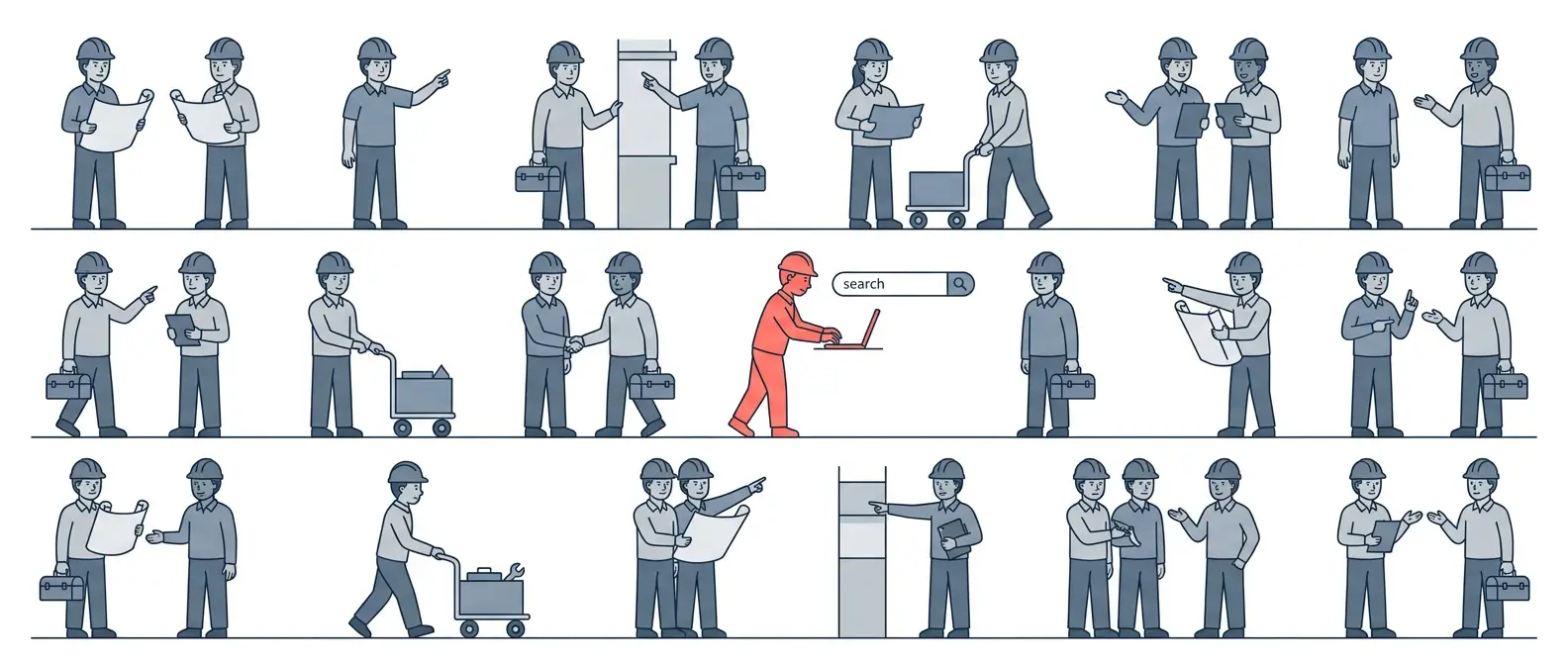 Illustration of twenty construction workers where nineteen carry on with everyday tasks and one highlighted figure types at a search bar, showing the 95-5 rule of B2B buyers in market.