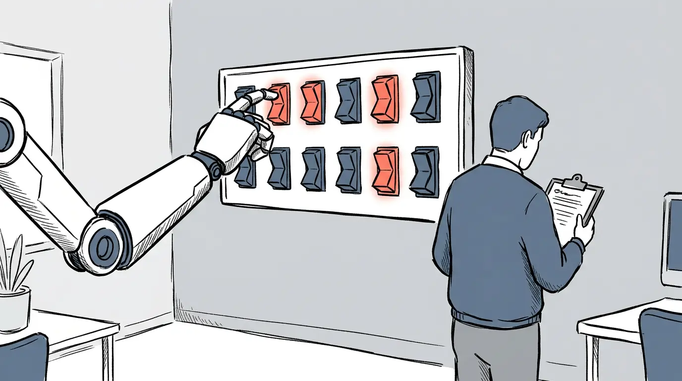 Robotic arm flipping switches on a wall panel to coral while a person a few steps away reads a clipboard with their back turned