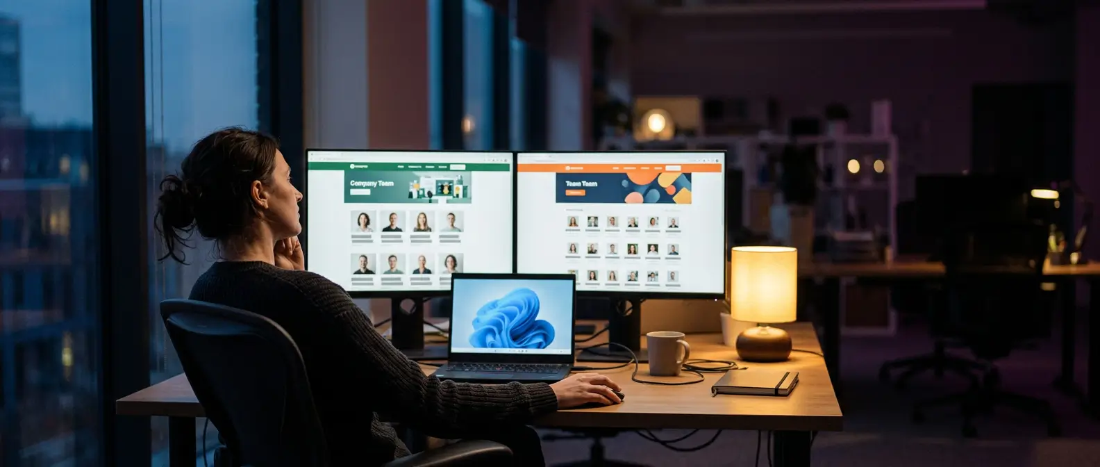 B2B buyer comparing two lead generation websites on dual monitors after hours