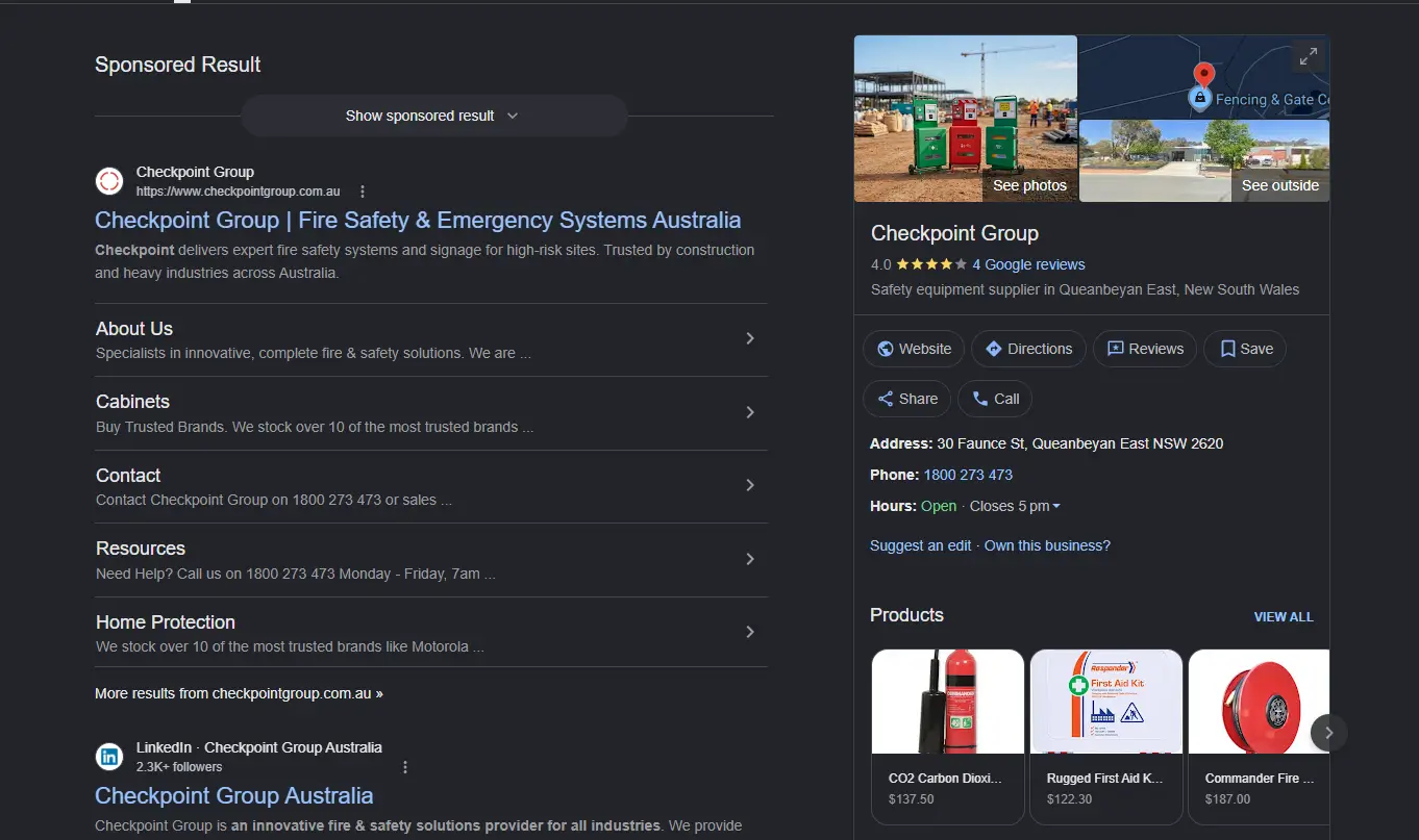 Checkpoint Group Google search result showing sitelinks, business profile and product listings