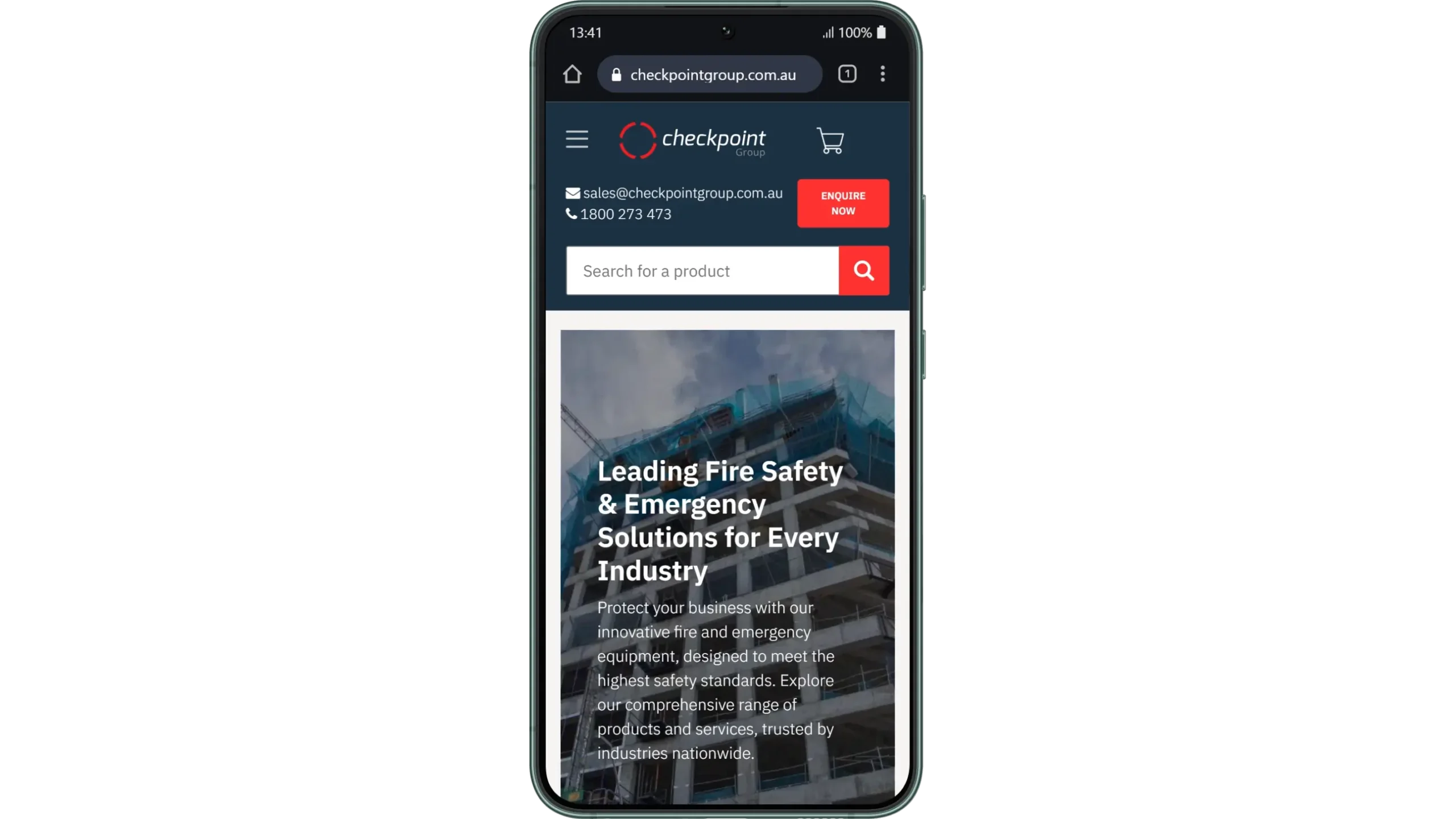Checkpoint Group fire safety website home page on a mobile phone with product search and enquiry button