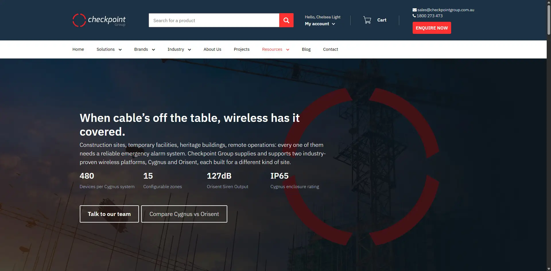 Checkpoint Group wireless alarm systems page comparing the Cygnus and Orisent platforms