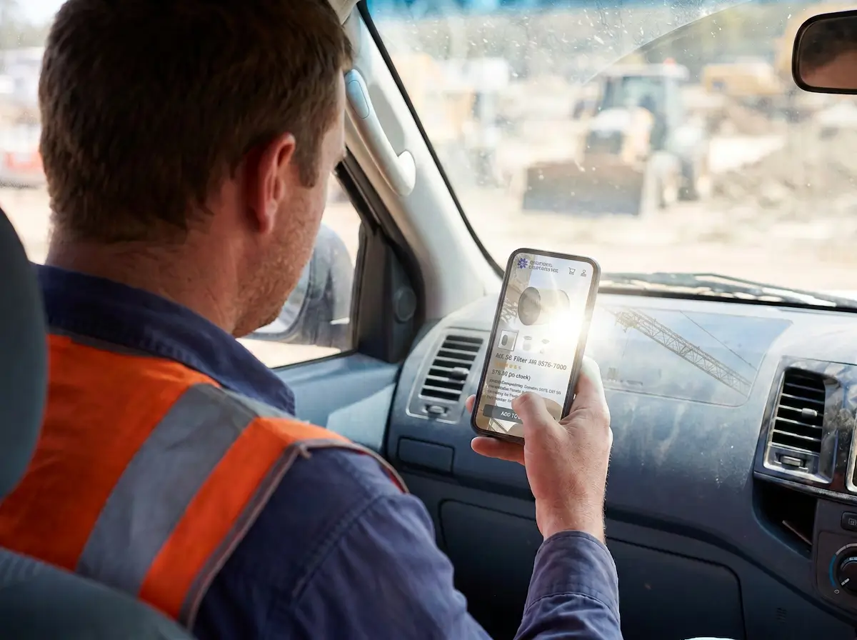 Tradesperson in a ute deciding whether to act on a supplier website on his phone