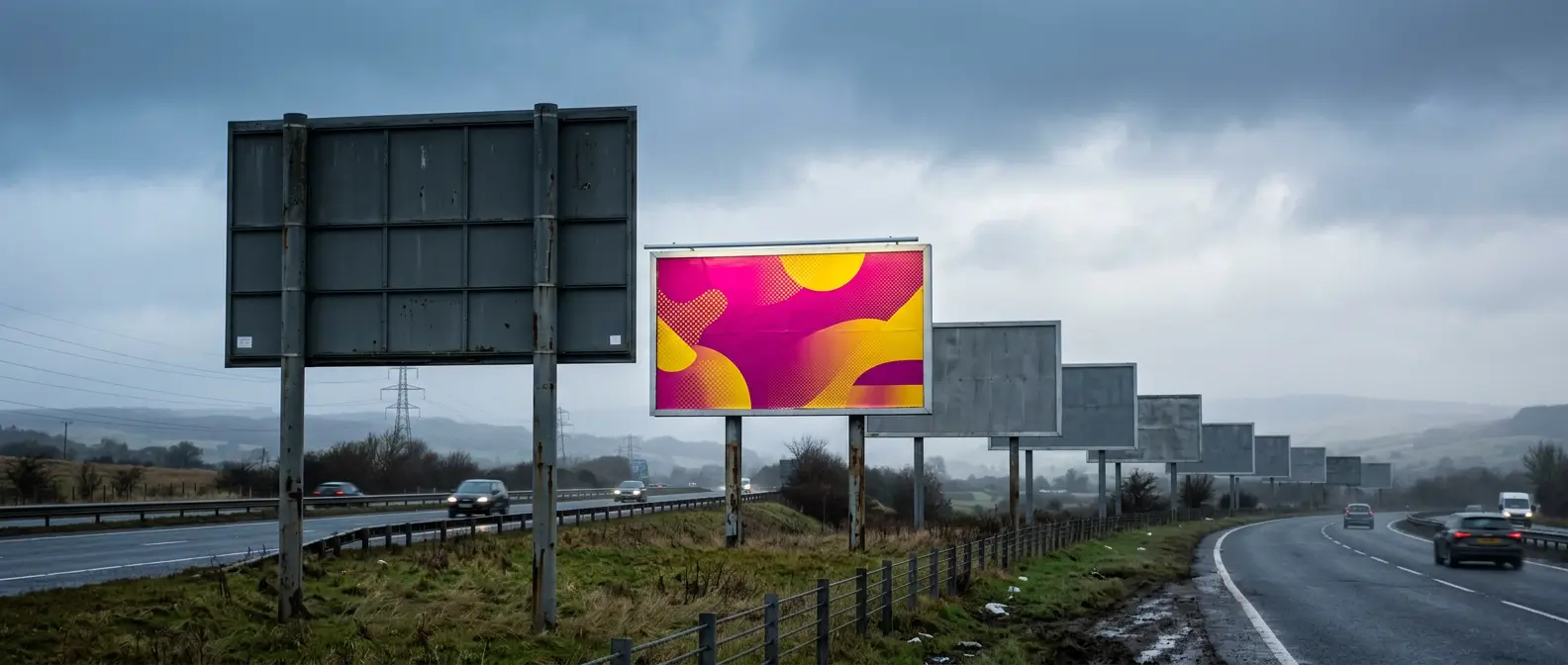 A row of blank grey roadside billboards with one bright, colourful board standing out, representing the difference between generic and specific Google Ads copy.