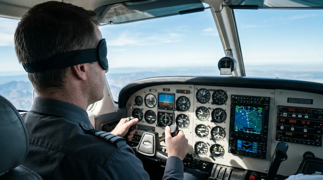 A blindfolded pilot flying a light aircraft while the cockpit instruments glow fully working in front of them, representing running Google Ads without checking conversion tracking data.