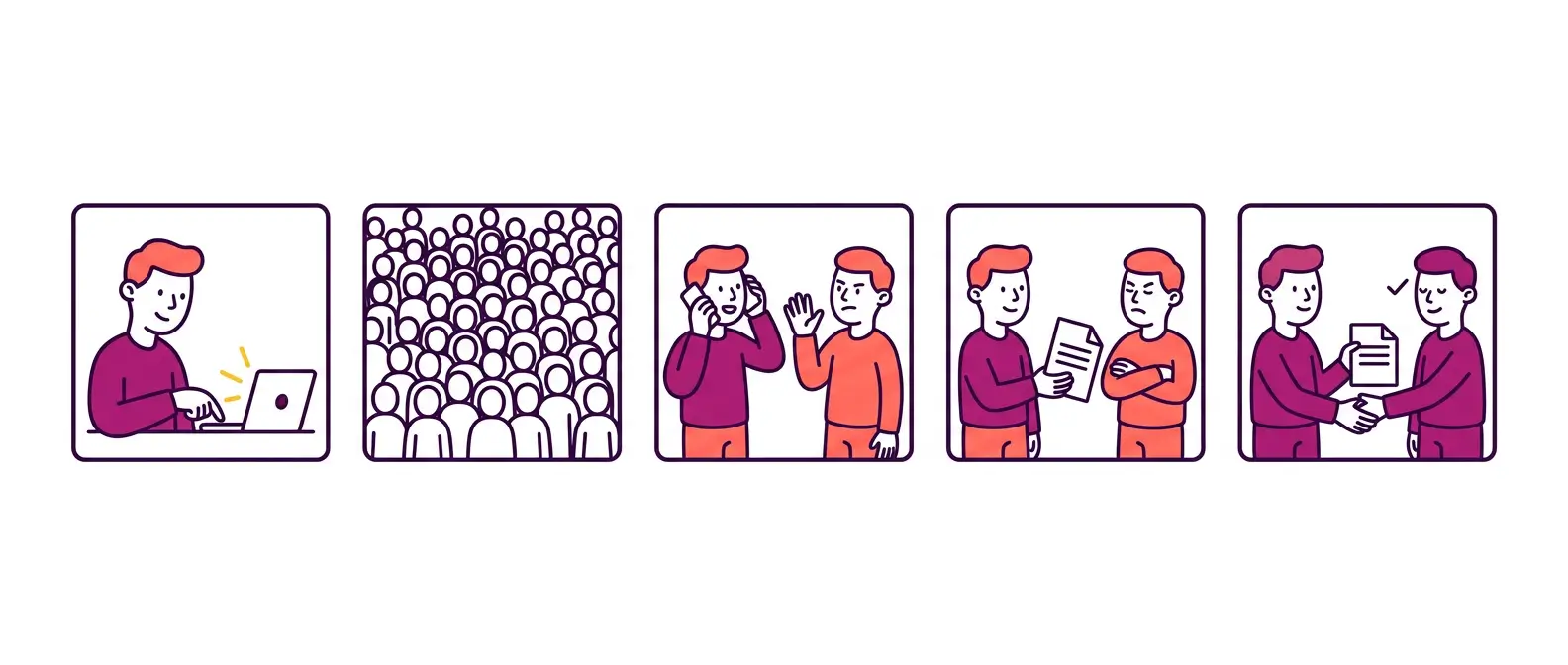 Five-panel cartoon strip showing a marketer launching a campaign to a large audience, two prospects declining after a call and a quote, and a third accepting