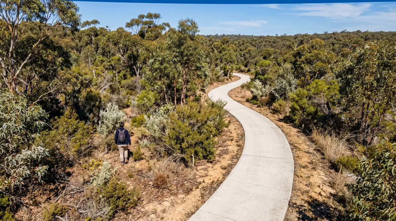 Aerial view of a concrete path curving through Australian bushland with a person who has stepped off it and is walking away into the scrub