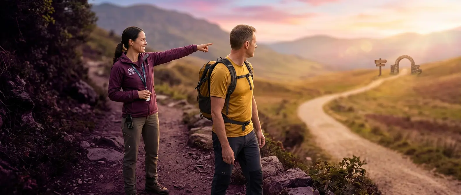 A guide pointing a backpacker along a winding path toward a distant archway and signpost at sunset, representing matching a landing page to search intent to lead customers to the right destination.