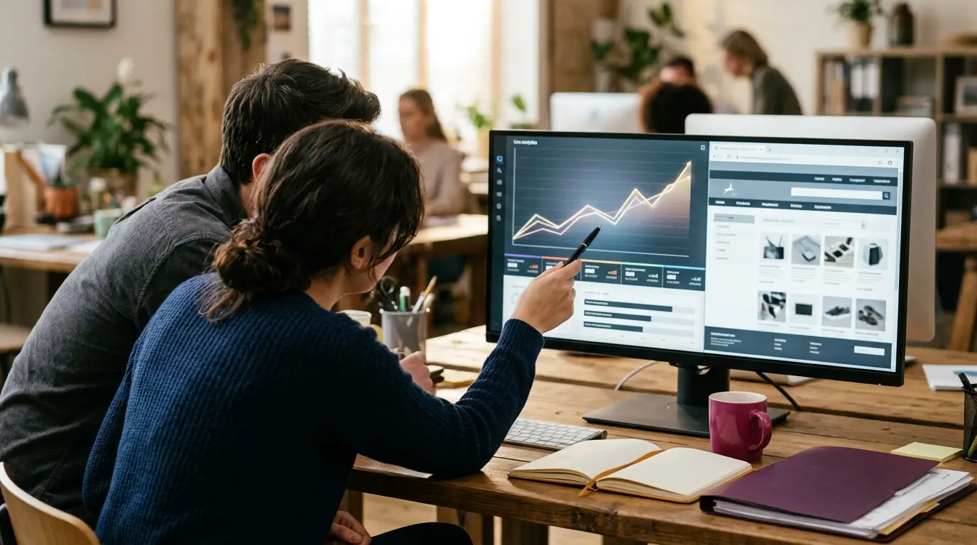 Two colleagues reviewing lead generation website results on an analytics dashboard