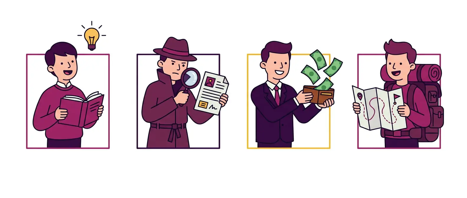 Illustration of the four search intent stages shown as characters: a student reading with a lightbulb for informational, a detective with a magnifying glass reviewing a document for commercial investigation, a businessperson holding a wallet with banknotes for transactional, and a backpacker holding a map for navigational.