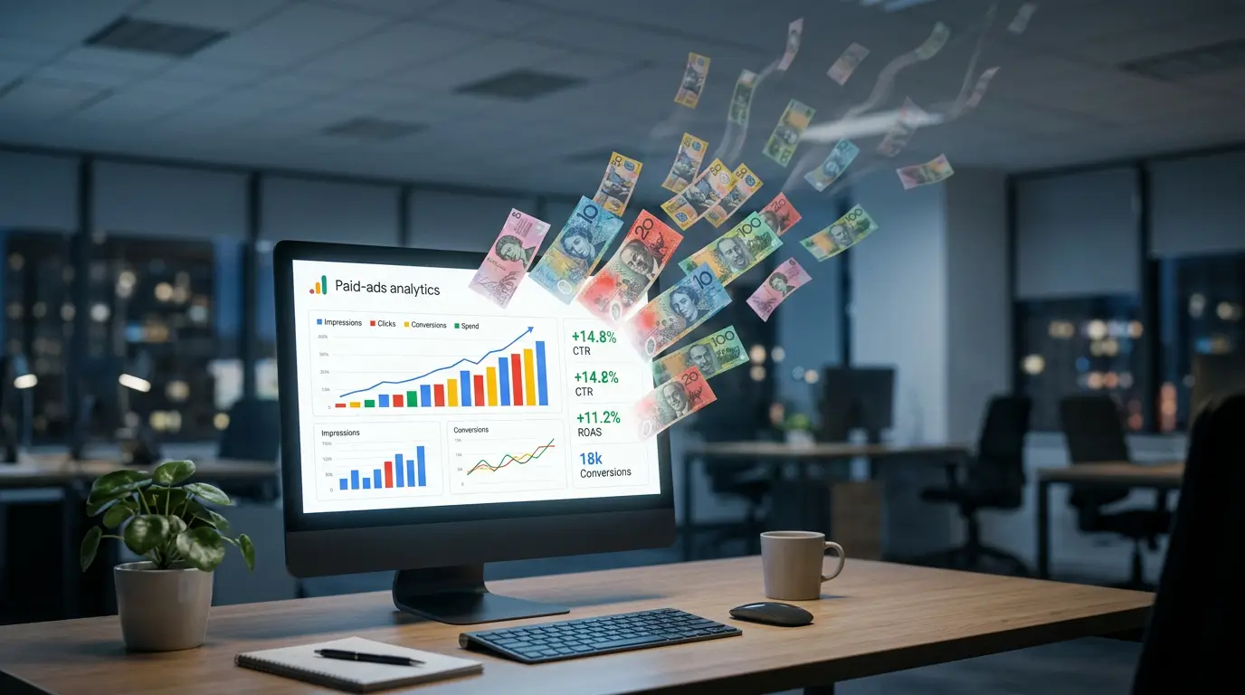 Australian banknotes drifting up and away from a healthy-looking paid-ads analytics dashboard on an office monitor, representing advertising budget quietly wasted by Google Ads mistakes.