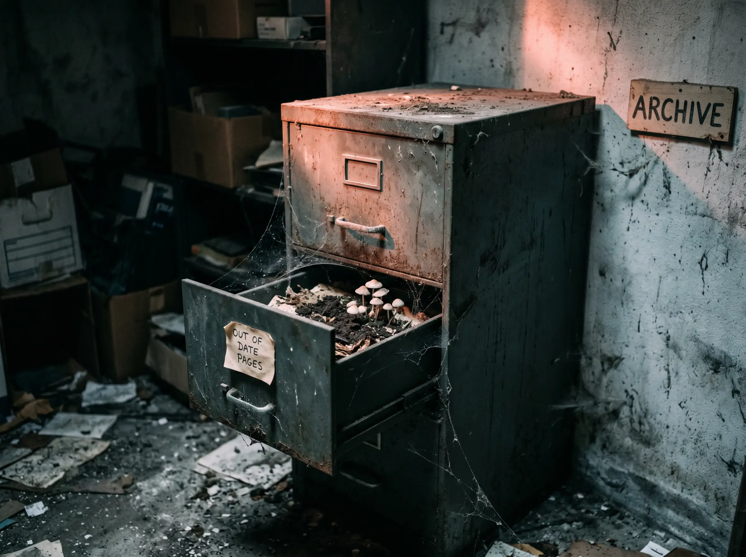 A rusted filing cabinet in a dingy archive storeroom with an open drawer labelled out of date pages, sprouting toadstools and dirt and covered in cobwebs, representing landing pages left to go stale.