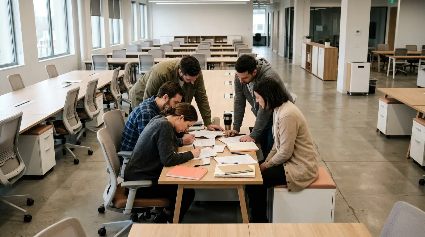 Team of five crowded around one small desk in a large open office