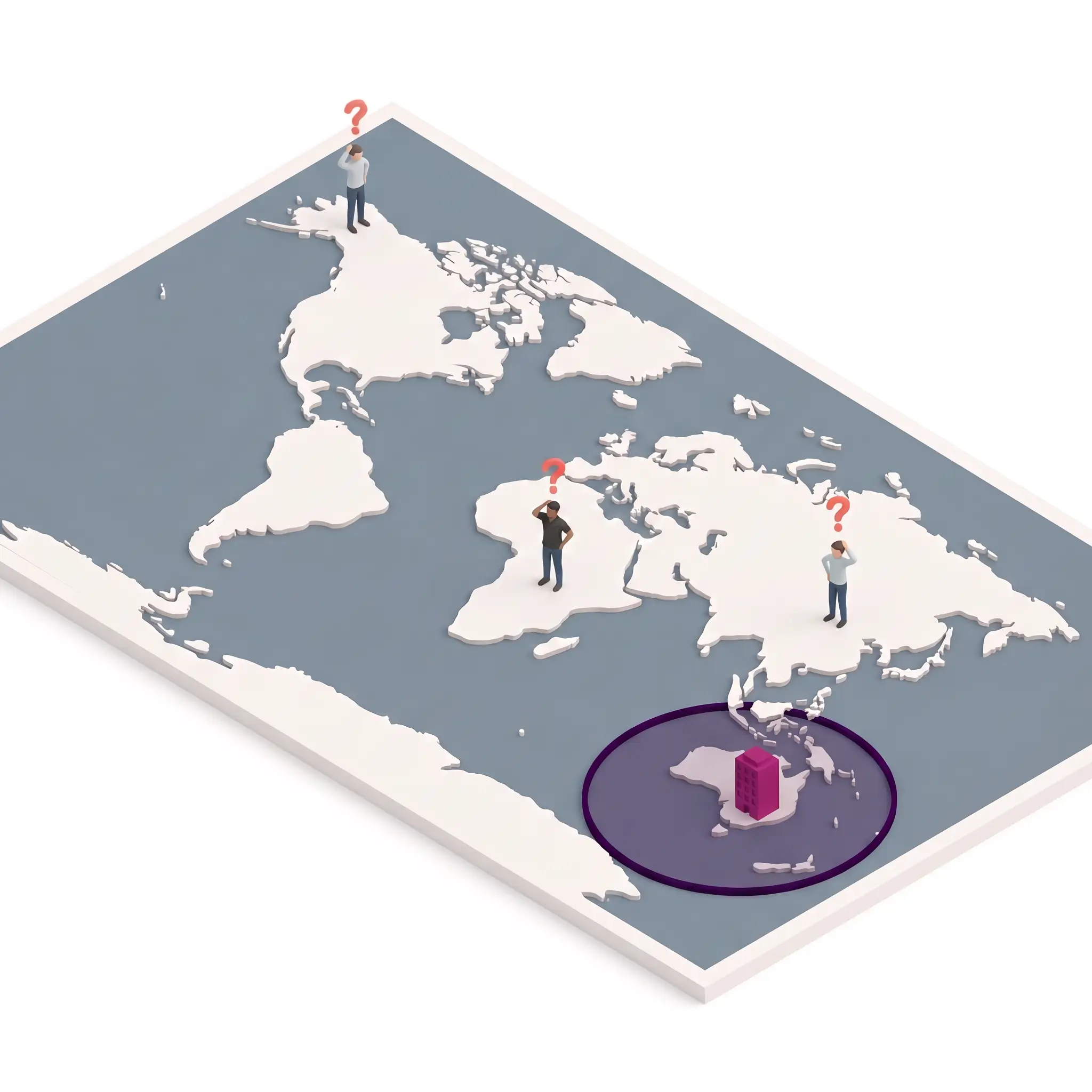 Isometric world map with an office building in Australia ringed by a deep purple targeting radius, and three puzzled figures on distant continents with coral question marks above their heads