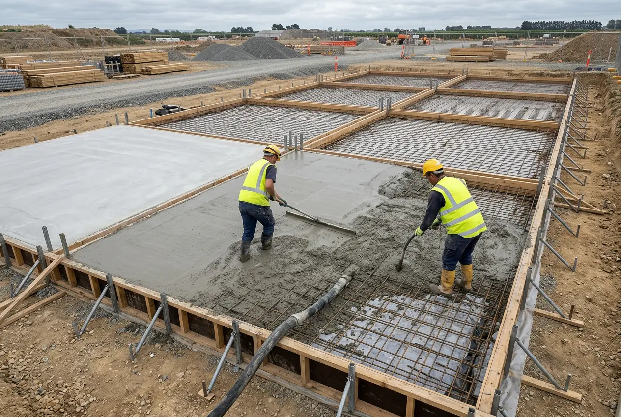 Workers screed wet concrete in one bay of a staged slab pour while other bays hold only formwork