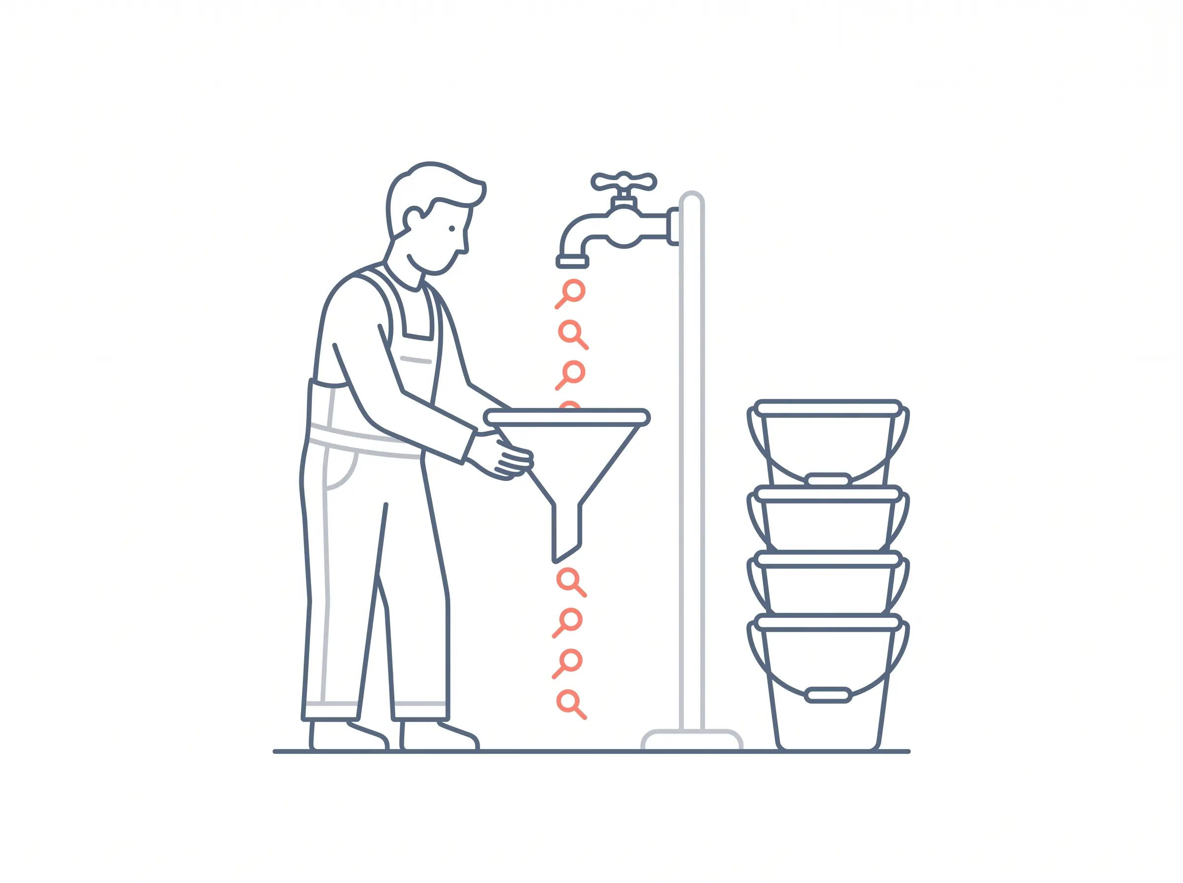 Line illustration of a worker holding a funnel under a tap dripping search icons while a stack of empty buckets waits, showing the ceiling on SEO and paid search demand capture.