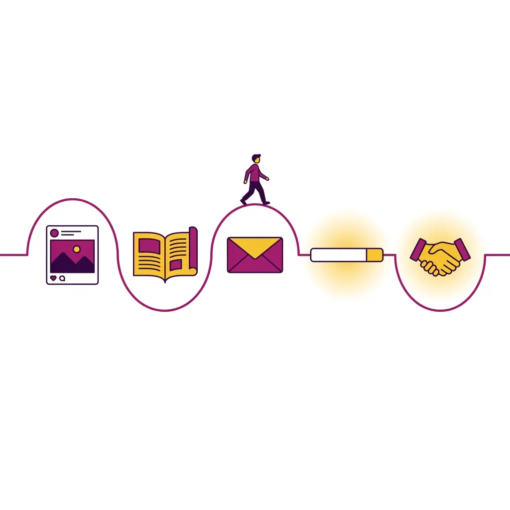 Illustration of a continuous line connecting a social post, case study, email, search bar and handshake, showing how demand creation builds familiarity before a B2B buyer searches.