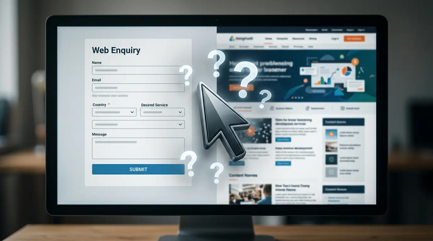 A computer screen split between a focused web enquiry form and a busy generic homepage, with an oversized mouse cursor hovering over the divide and question marks floating around it, illustrating how search intent decides which page converts.