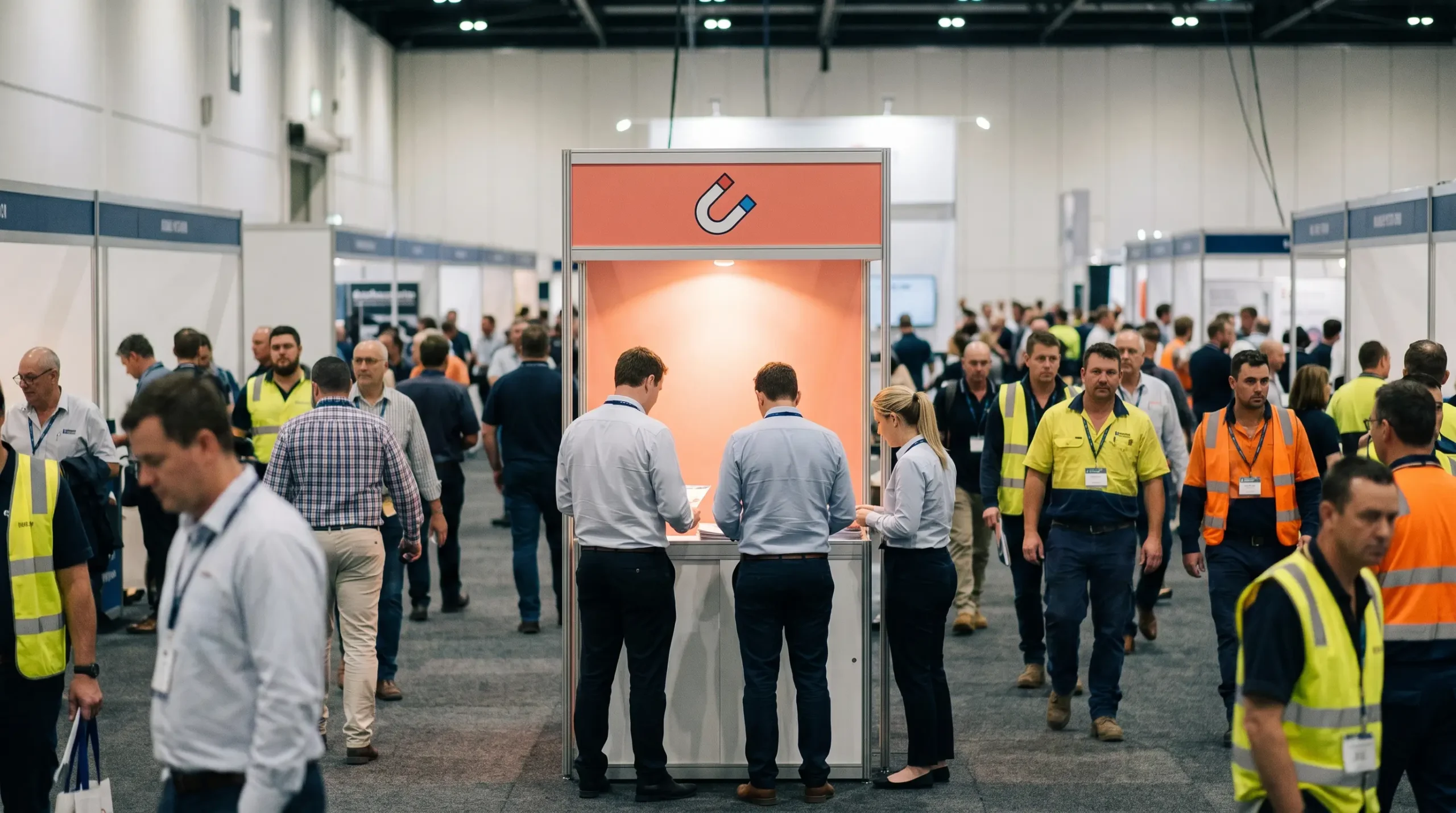 Crowd of construction industry buyers walks past a single small lit exhibitor stand at a trade show, showing how a digital marketing strategy built only on search reaches few buyers.