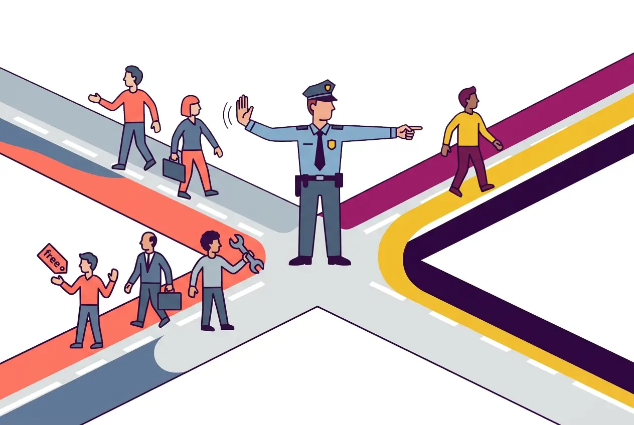 A traffic controller at an intersection waving away wrong-intent searchers, a freebie hunter, a job seeker and a DIYer, while directing a genuine buyer down the right path, representing how negative keywords filter Google Ads traffic.