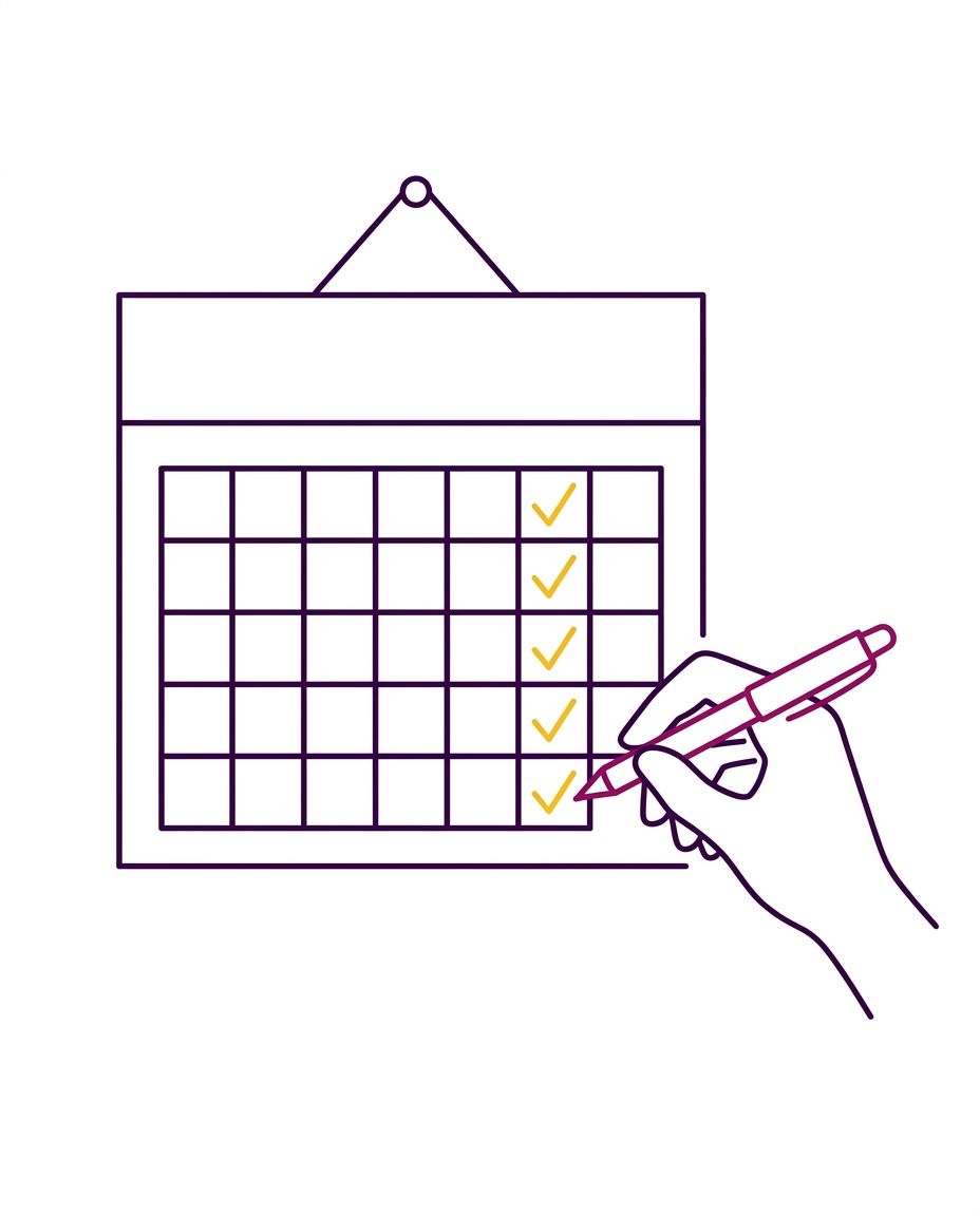 Hand ticking off a weekly column on a wall calendar, showing Google Ads campaign management as a short recurring routine