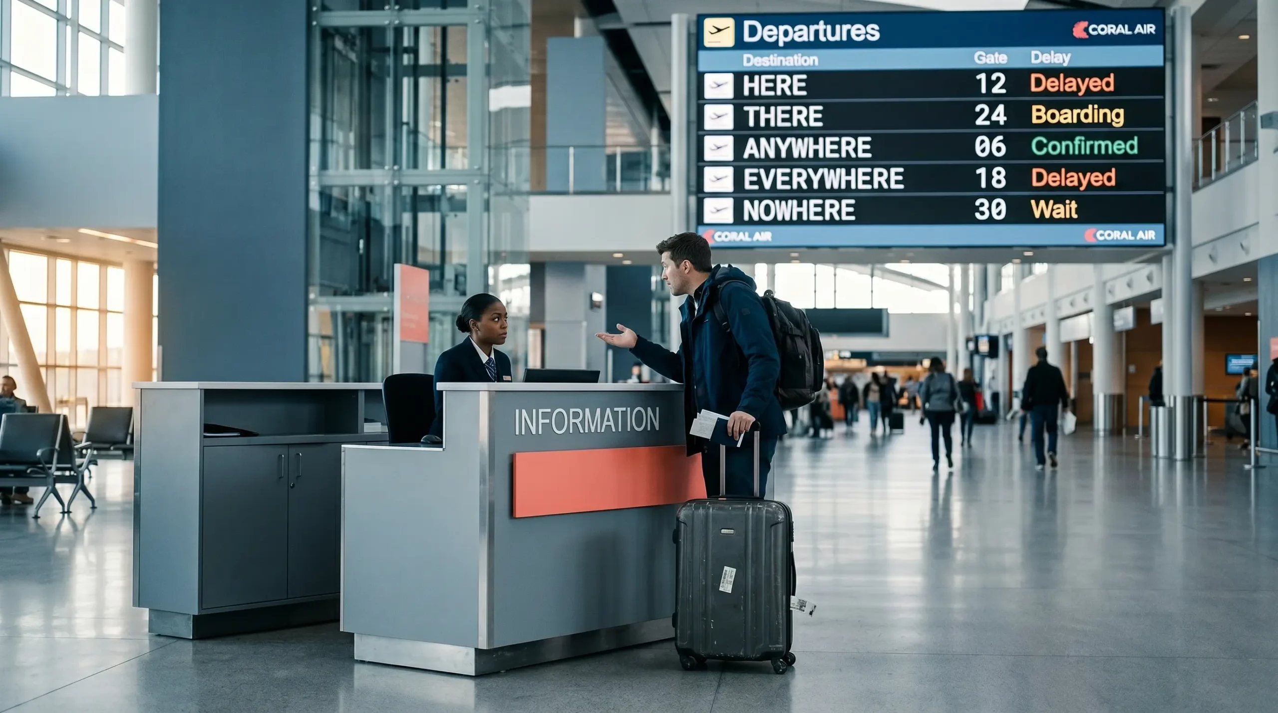 A traveller with luggage at an airport information desk gesturing in confusion beneath a departures board listing vague destinations like here, there and nowhere, representing a landing page that fails to match search intent.