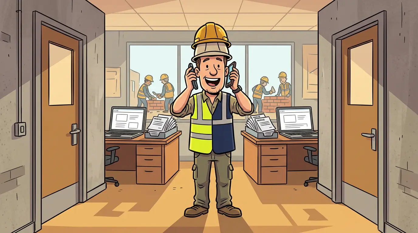 Site manager in two-tone hi-vis wearing two hard hats and holding two phones between two office doors after an acquisition