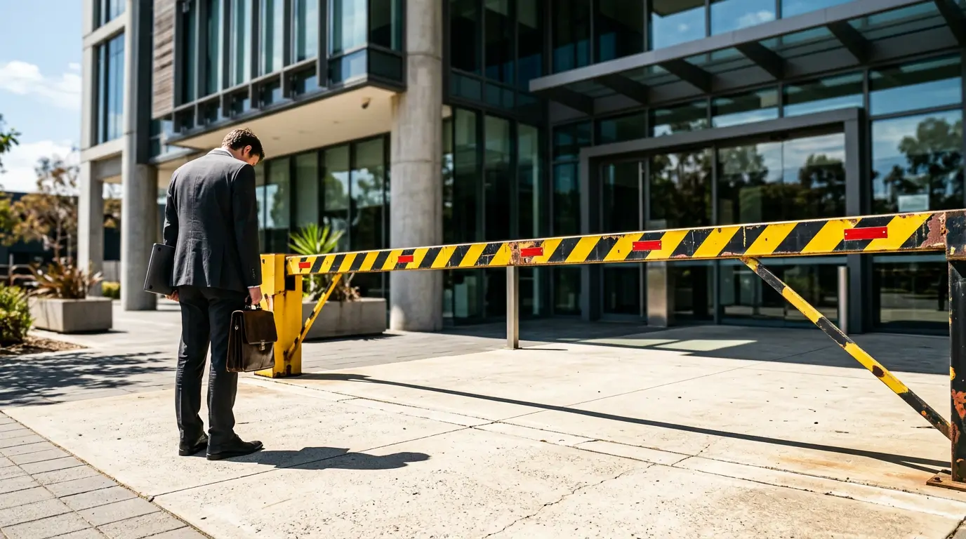 Boom gate lowered across an office entrance as a man stands with his head down, representing AI crawlers locked out of a website