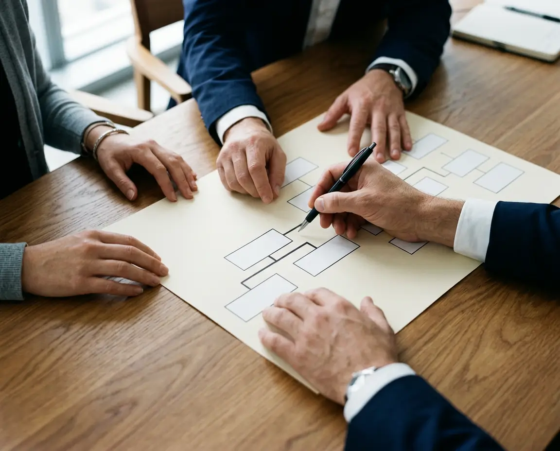 Three people at a boardroom table tracing connections between blank boxes on a printed structure chart, the mapping work corporate website design starts with