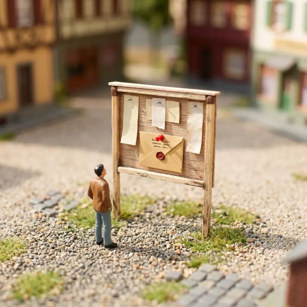 Miniature figure at a noticeboard where the main document is a sealed envelope, like capability detail trapped in a PDF