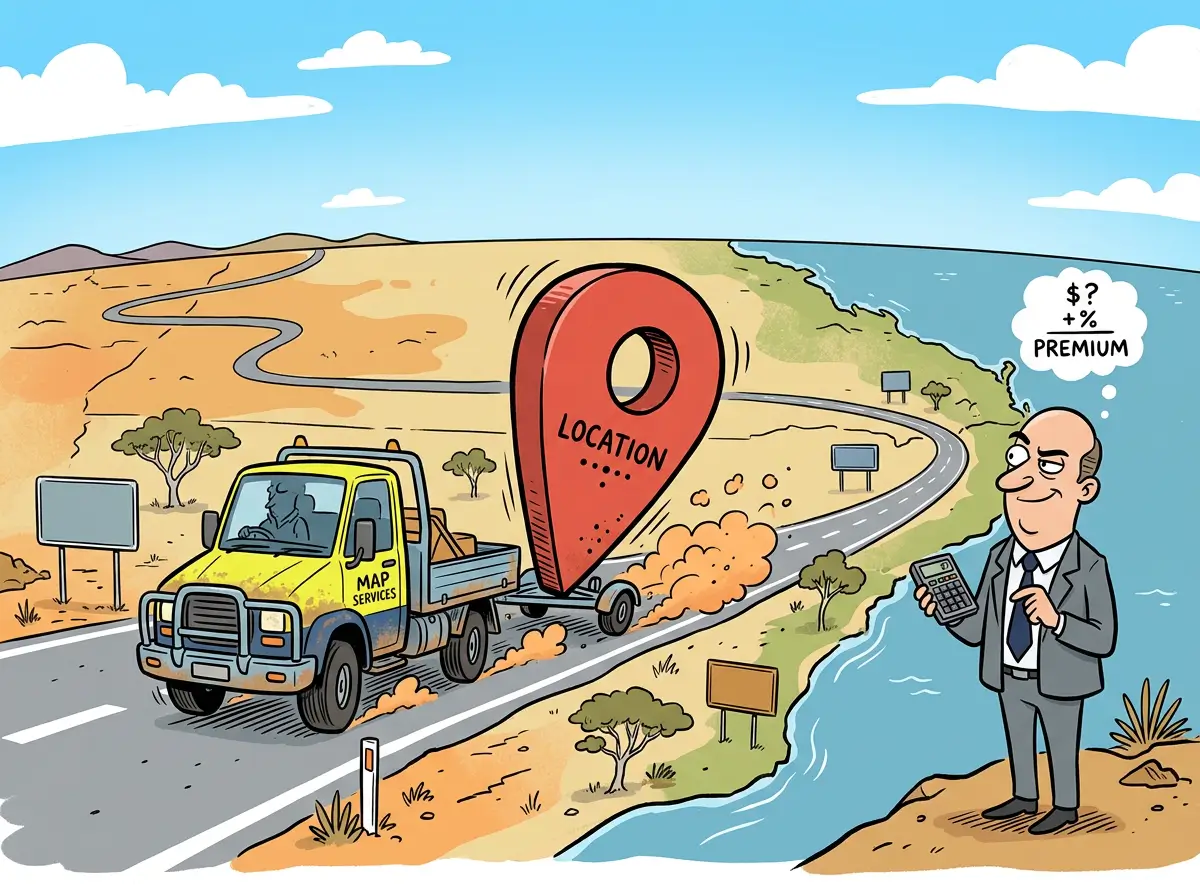 Cartoon work truck towing an oversized map pin across Australia while a buyer with a calculator adds a travel premium
