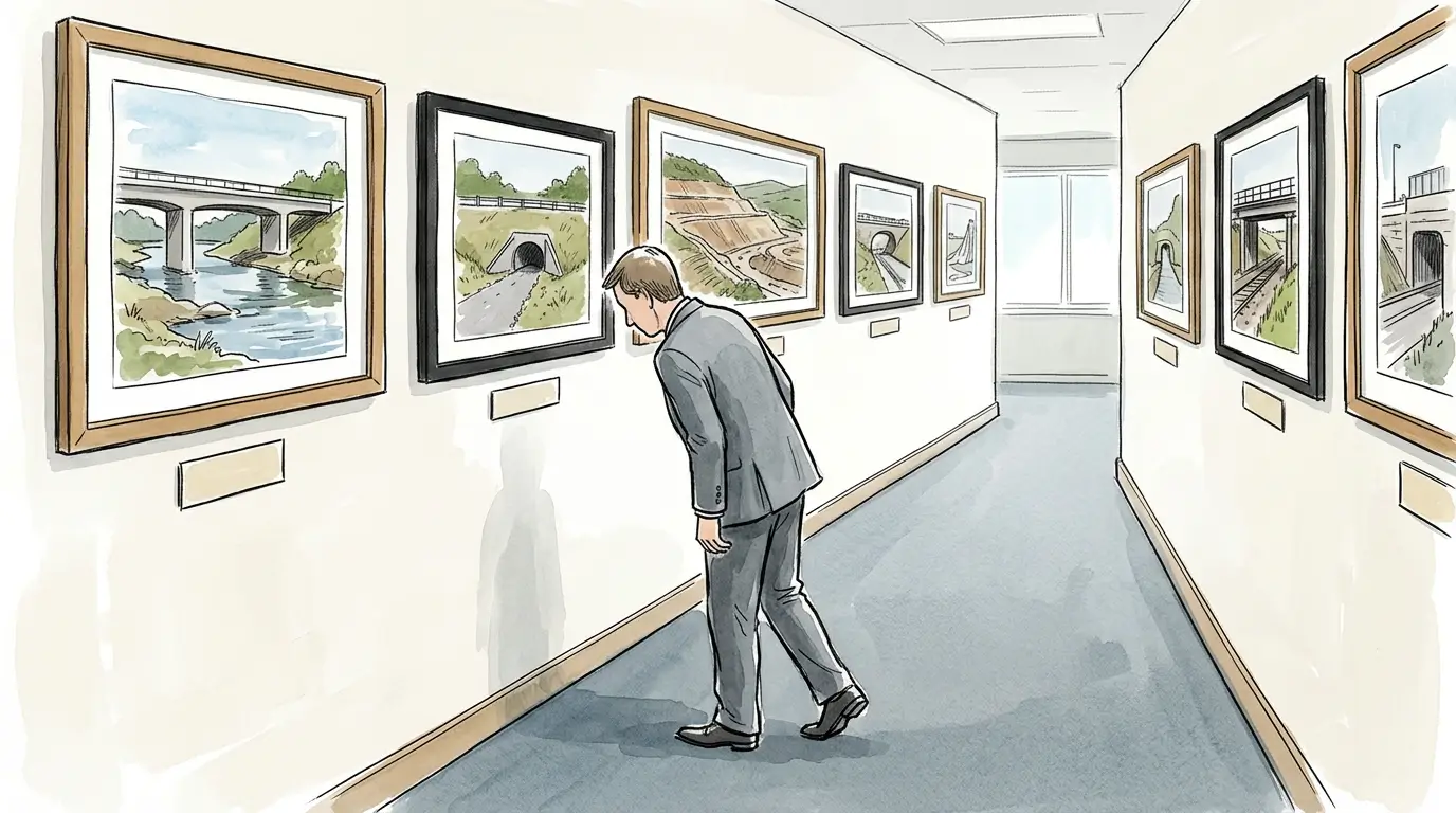 Evaluator passing framed project photos with blank plaques, illustrating weak construction tender submissions