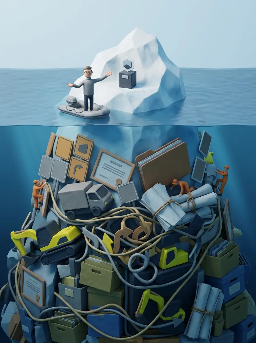 Iceberg showing a small logo above water and submerged signage, fleet livery, certificates, contracts and redirects below