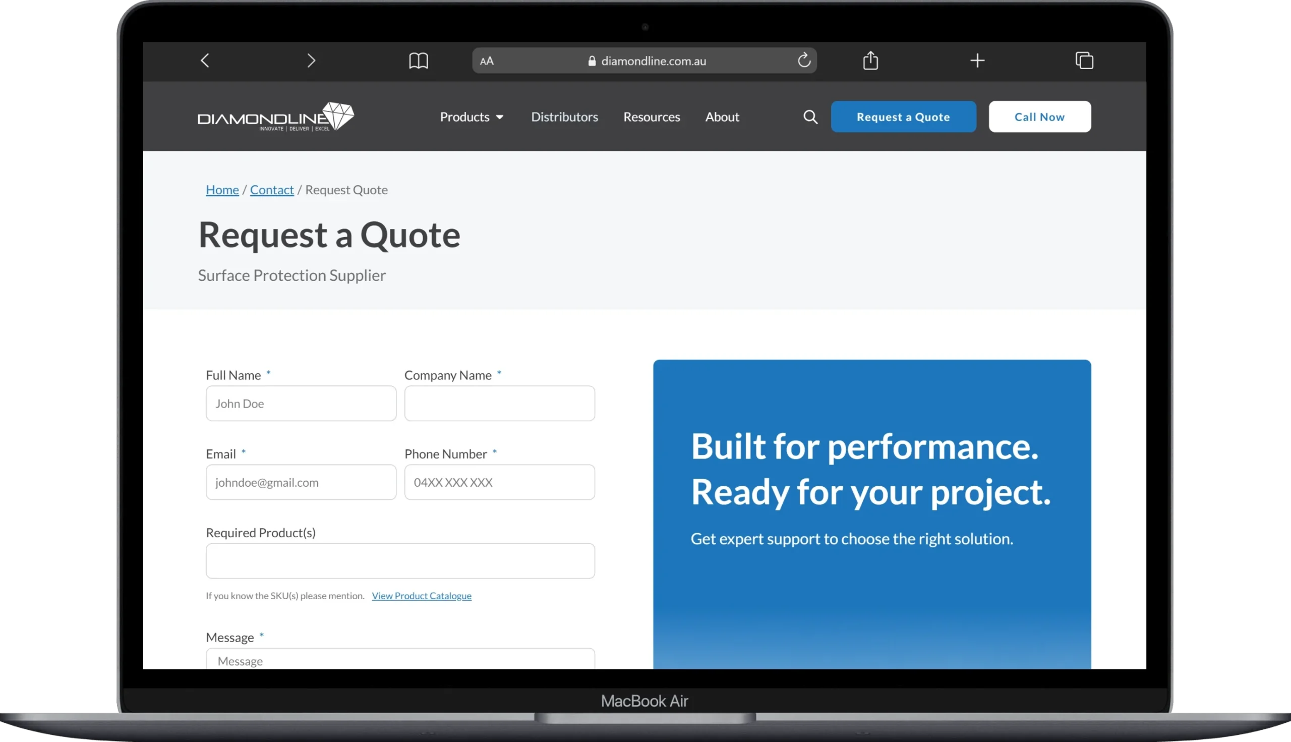 Diamondline contact form page