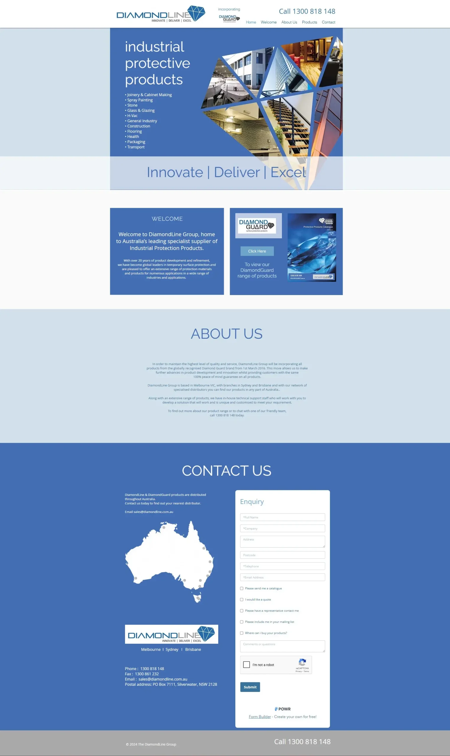 Diamondline home page before the rebuild, with a downloadable PDF catalogue