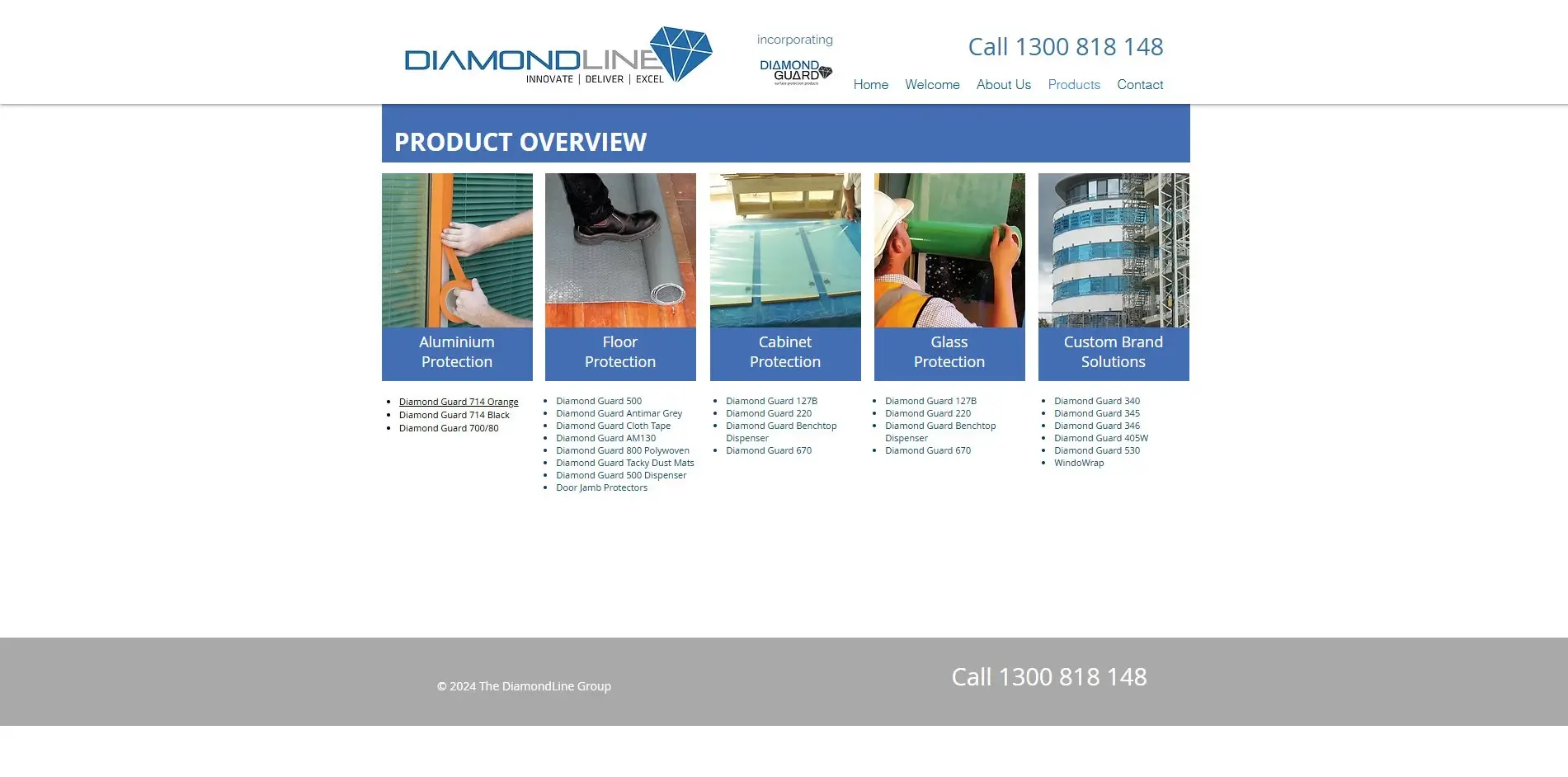 Diamondline product overview page before the rebuild, listing products as plain text