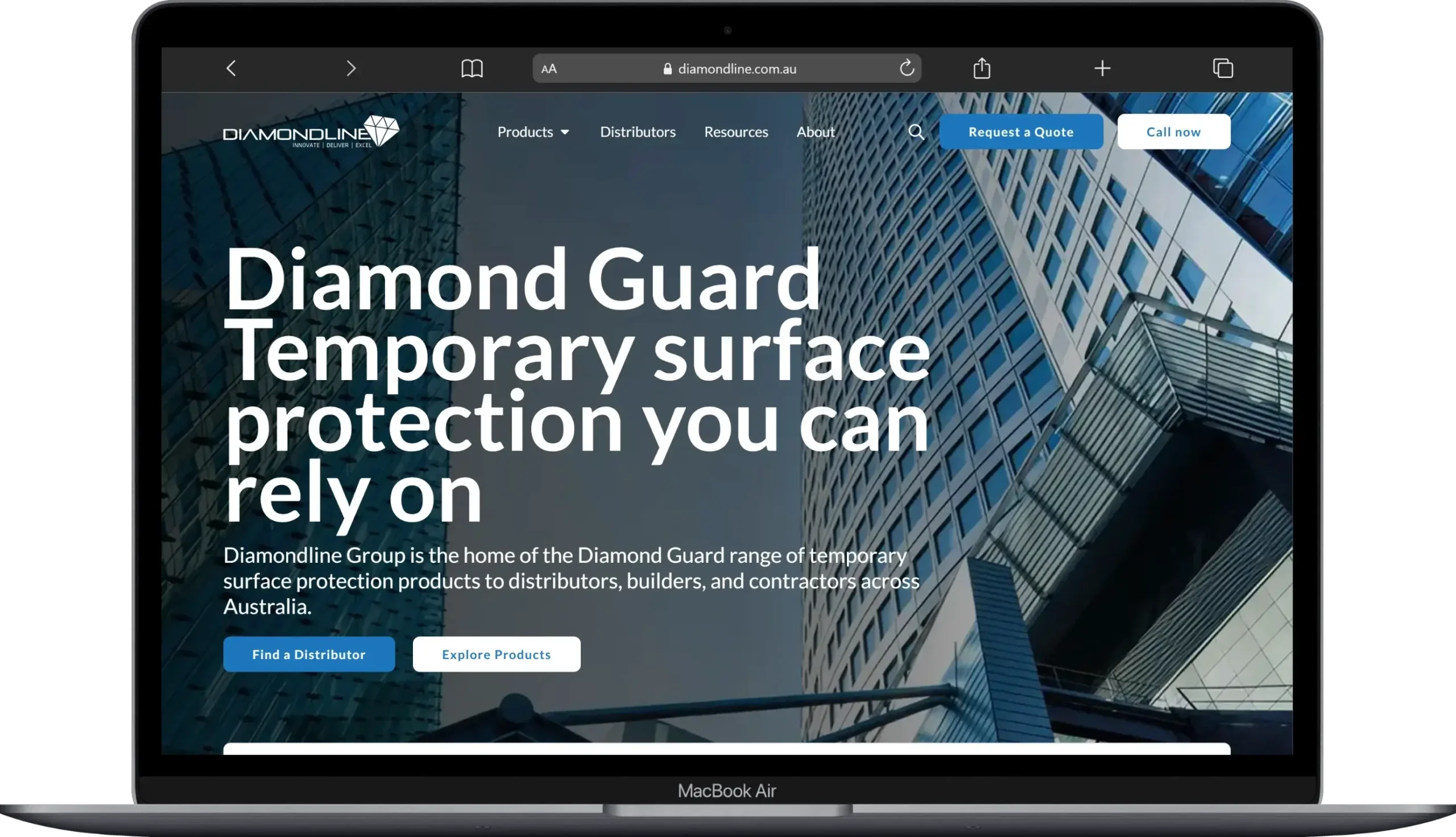 Diamondline Diamond Guard website home page on a laptop after the rebuild