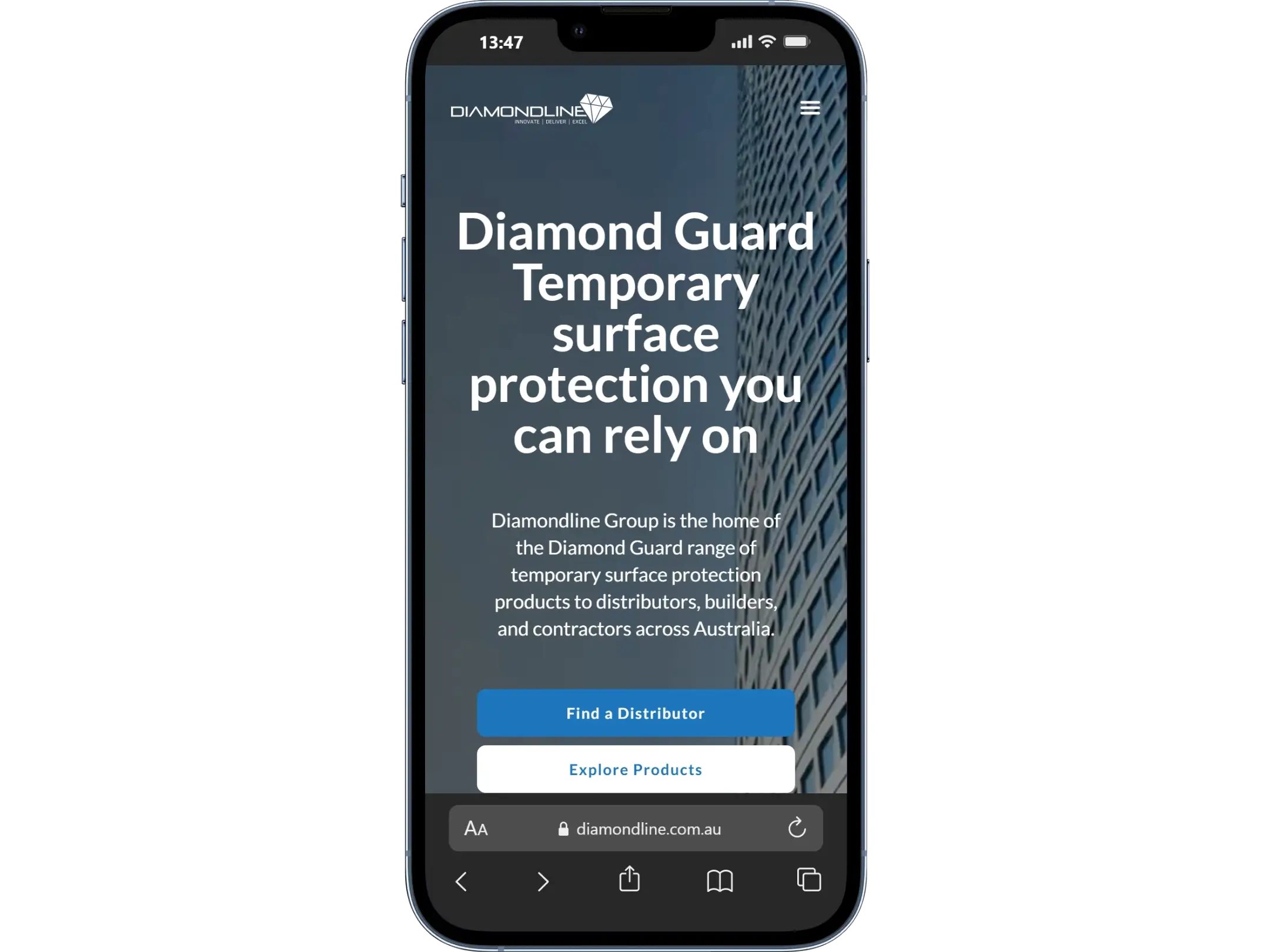 Diamondline website on mobile showing the find a distributor pathway