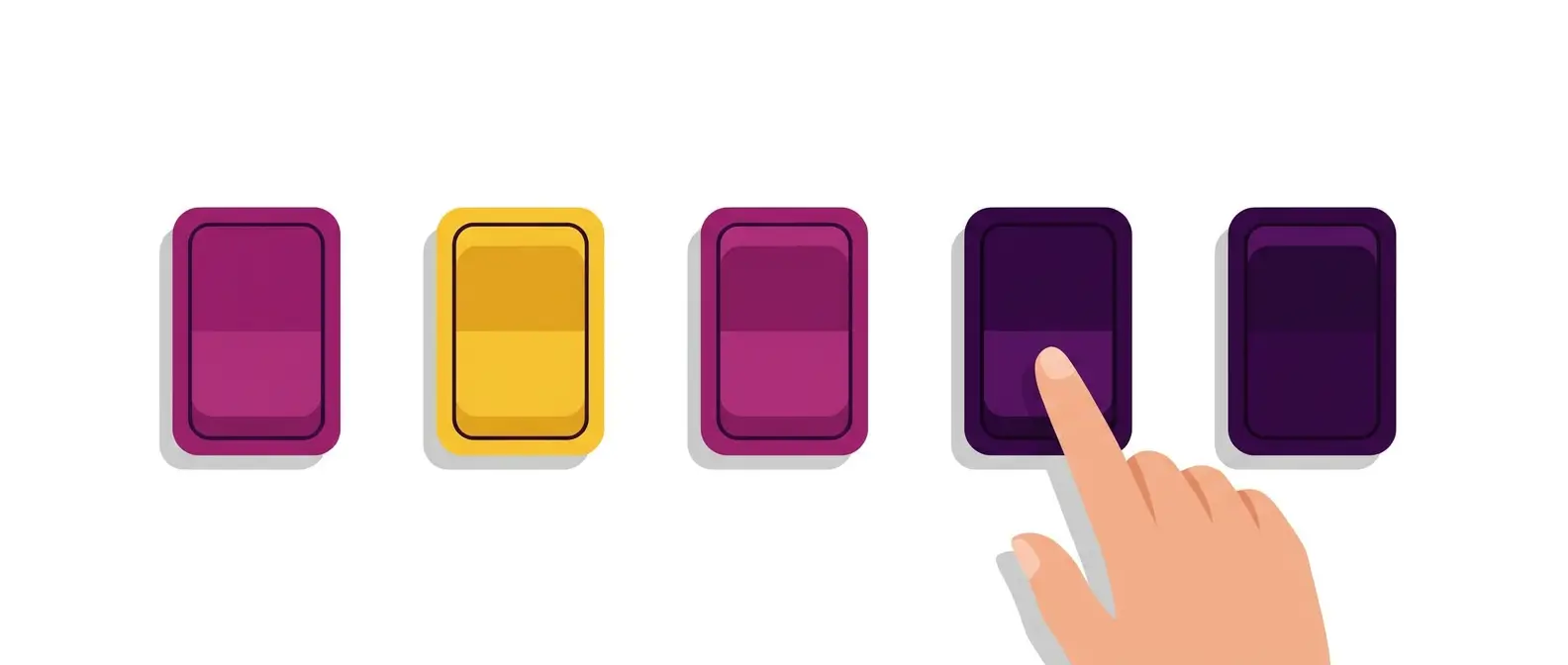 Five switches with three lit and two dark, a hand reaching for the fourth, showing which settings to check