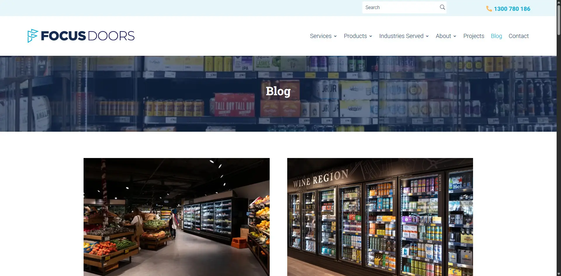 Focus Doors blog index page showing refrigeration door articles