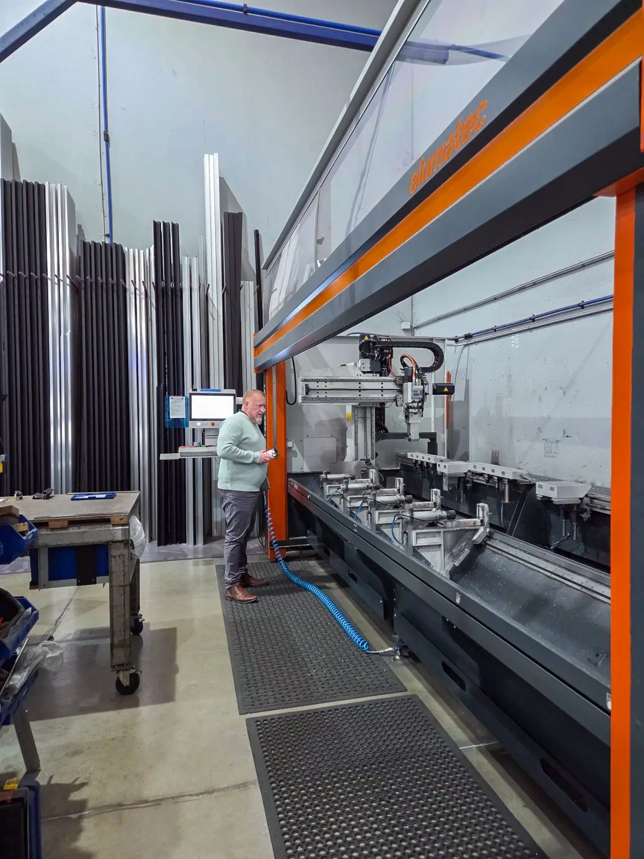 Aluminium door frame stock and CNC machining line at the Focus Doors Sydney factory