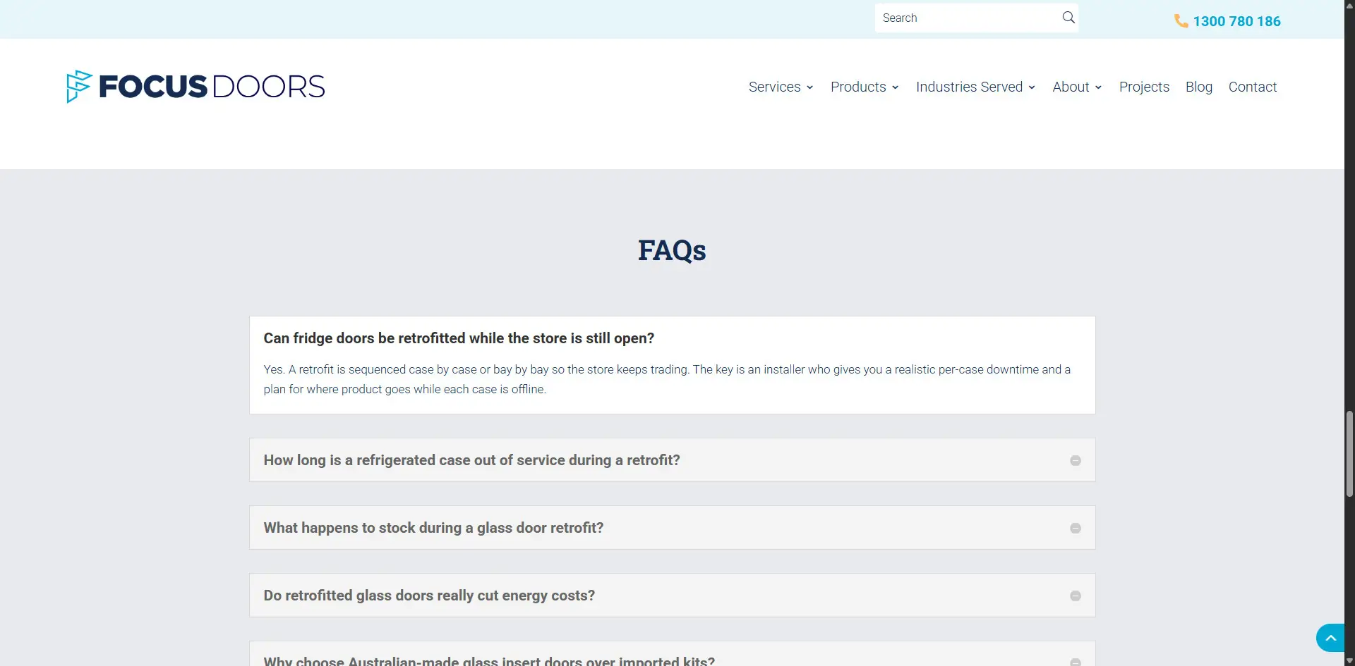 Focus Doors FAQ page answering questions about glass door retrofits