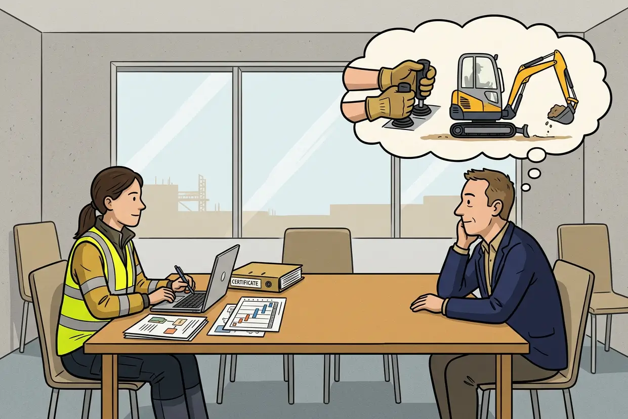 Contractor presenting programme charts and certificates while the head contractor imagines only gloved hands and an excavator