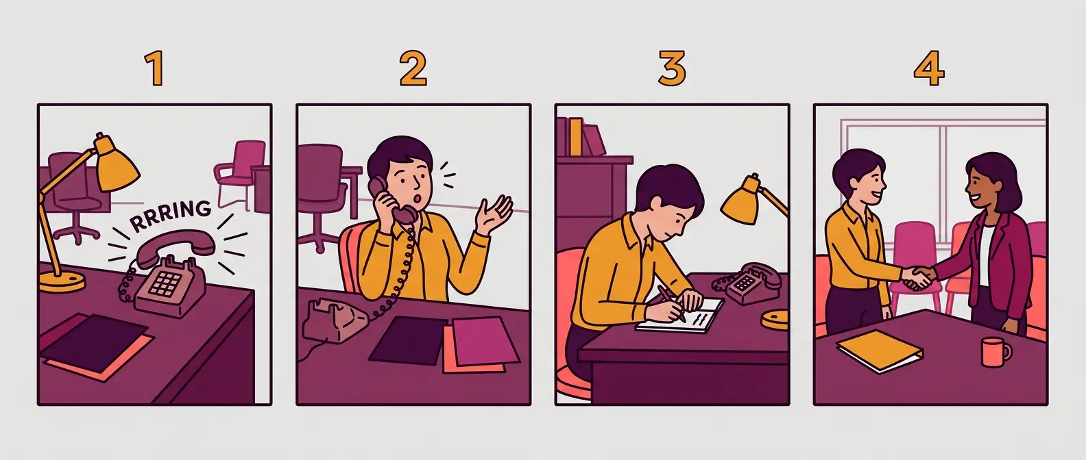 Four-panel illustration of a phone ringing, a surprised person taking the call, the same person sitting down to take notes, then a handshake across a table