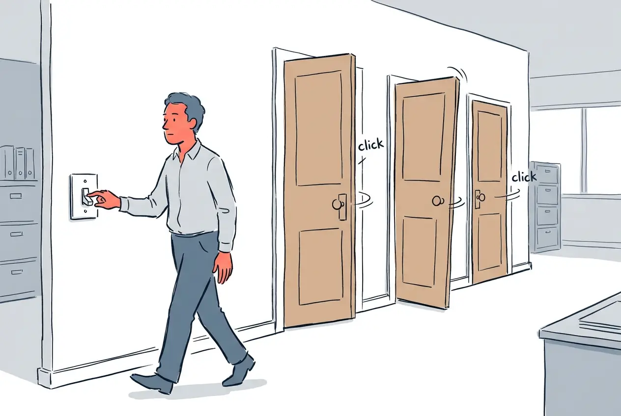 Man flipping a wall switch and walking away as three office doors click shut behind him unnoticed