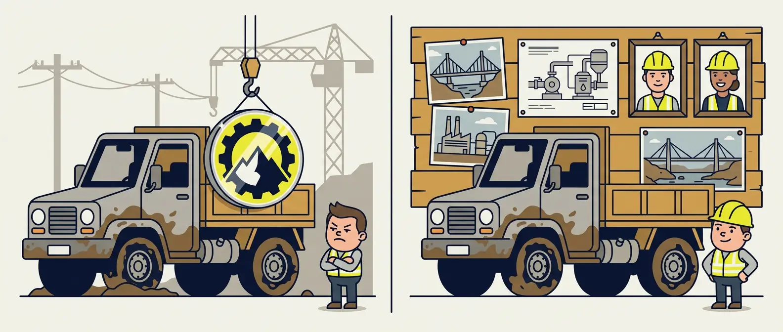 Split illustration comparing a rebrand, a new logo on the same truck, with repositioning, the same truck backed by project proof
