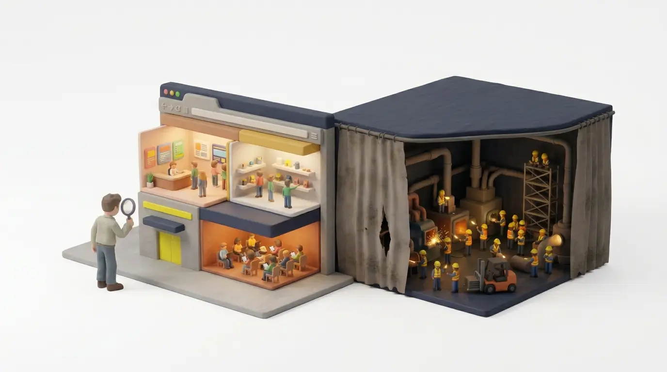 Cutaway model of a website with three lit rooms and a curtained dark wing where a crew works unseen