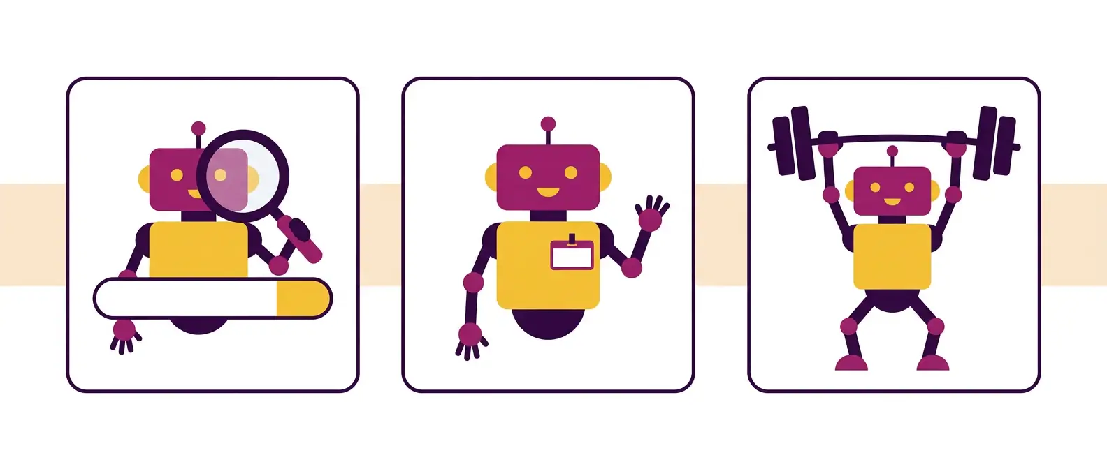 Three robots showing search, agent and training crawler behaviour, one with a magnifying glass, one with a name tag and one lifting a barbell